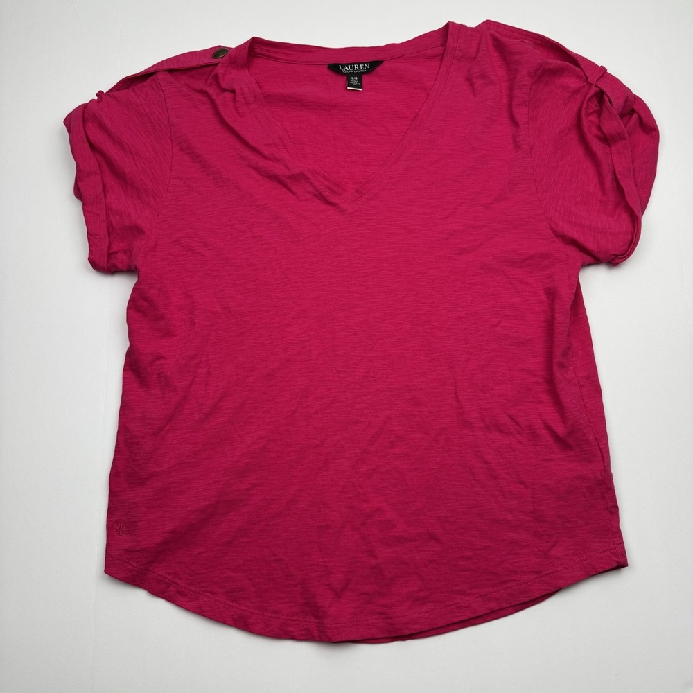 Lauren Ralph Lauren Shirt Womens Large Pink Slub Cotton V-Neck Button Shoulder